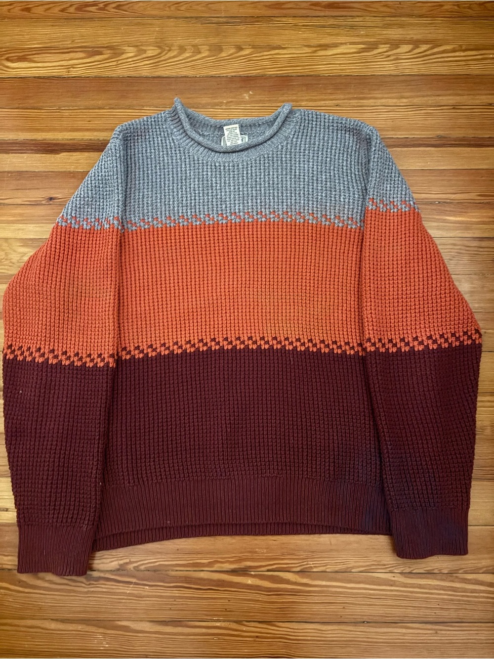 L.L.Bean Men's Chunky Waffle Knit Sweater Organic Cotton Color Block Men XL